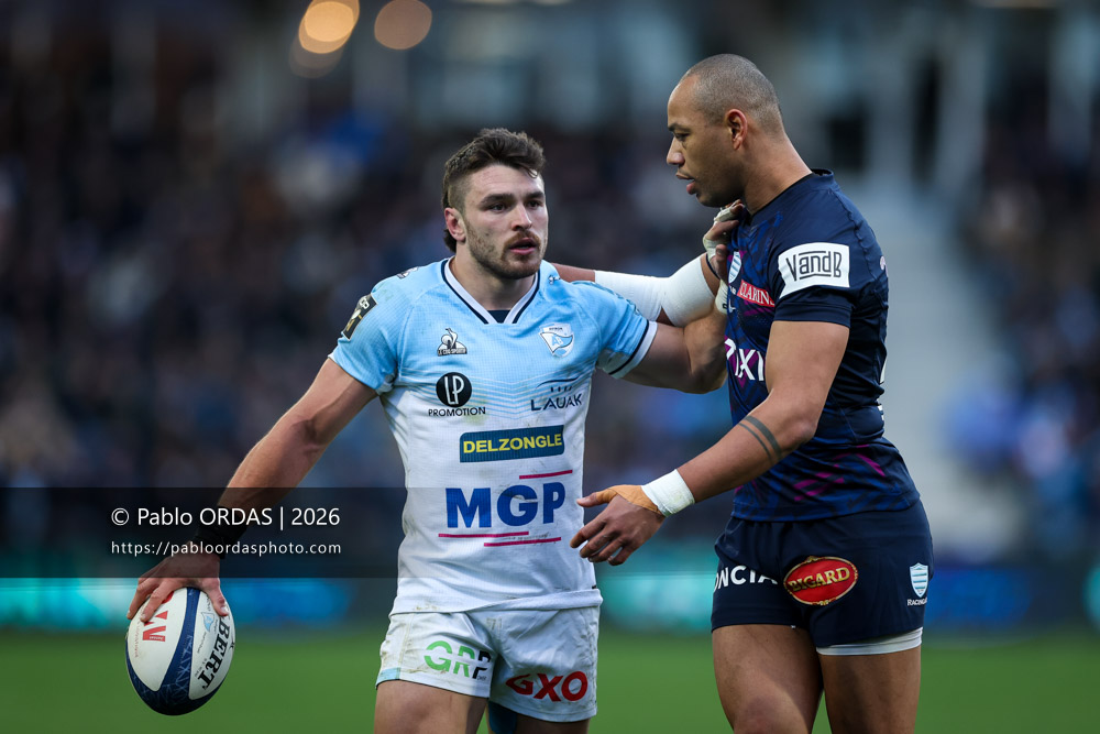 Mateo Carreras, lors du match de Top 14 entre l'Aviron bayonnais et le Racing 92, le 14 février 2026 au stade Jean Dauger de Bayonne, France (Photo Pablo ORDAS)