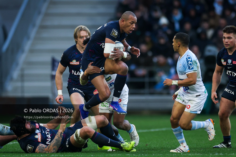 Gael Fickou, lors du match de Top 14 entre l'Aviron bayonnais et le Racing 92, le 14 février 2026 au stade Jean Dauger de Bayonne, France (Photo Pablo ORDAS)