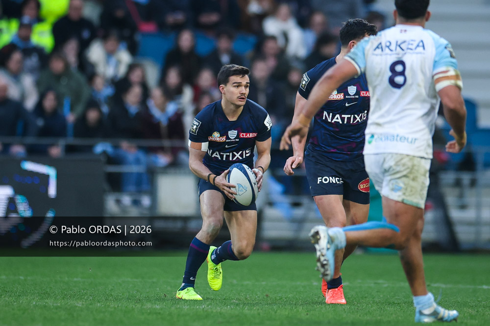 Max Spring, lors du match de Top 14 entre l'Aviron bayonnais et le Racing 92, le 14 février 2026 au stade Jean Dauger de Bayonne, France (Photo Pablo ORDAS)