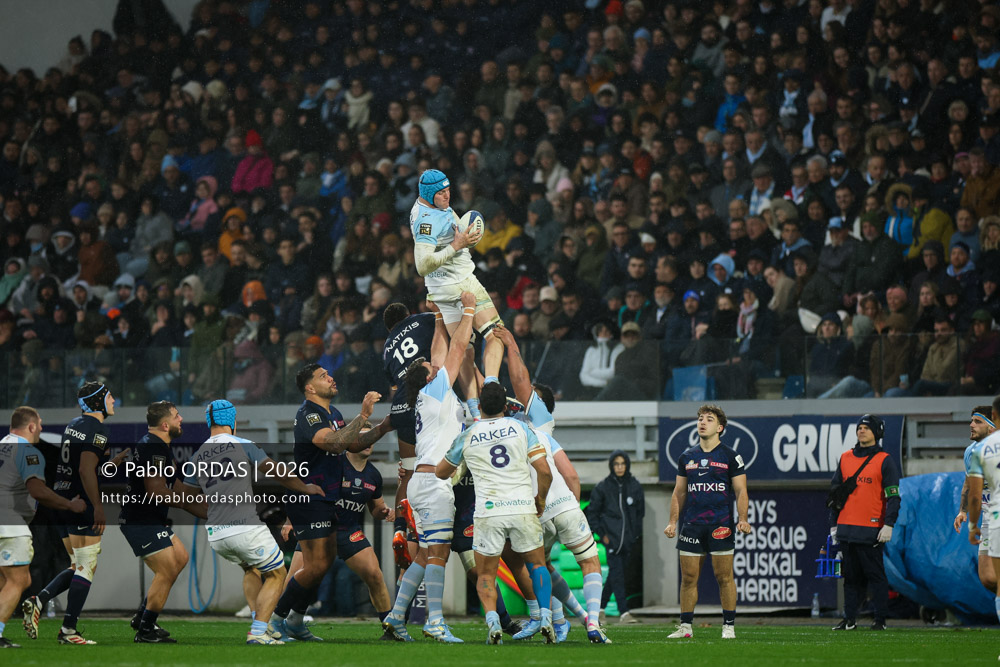 Arthur Iturria, lors du match de Top 14 entre l'Aviron bayonnais et le Racing 92, le 14 février 2026 au stade Jean Dauger de Bayonne, France (Photo Pablo ORDAS)