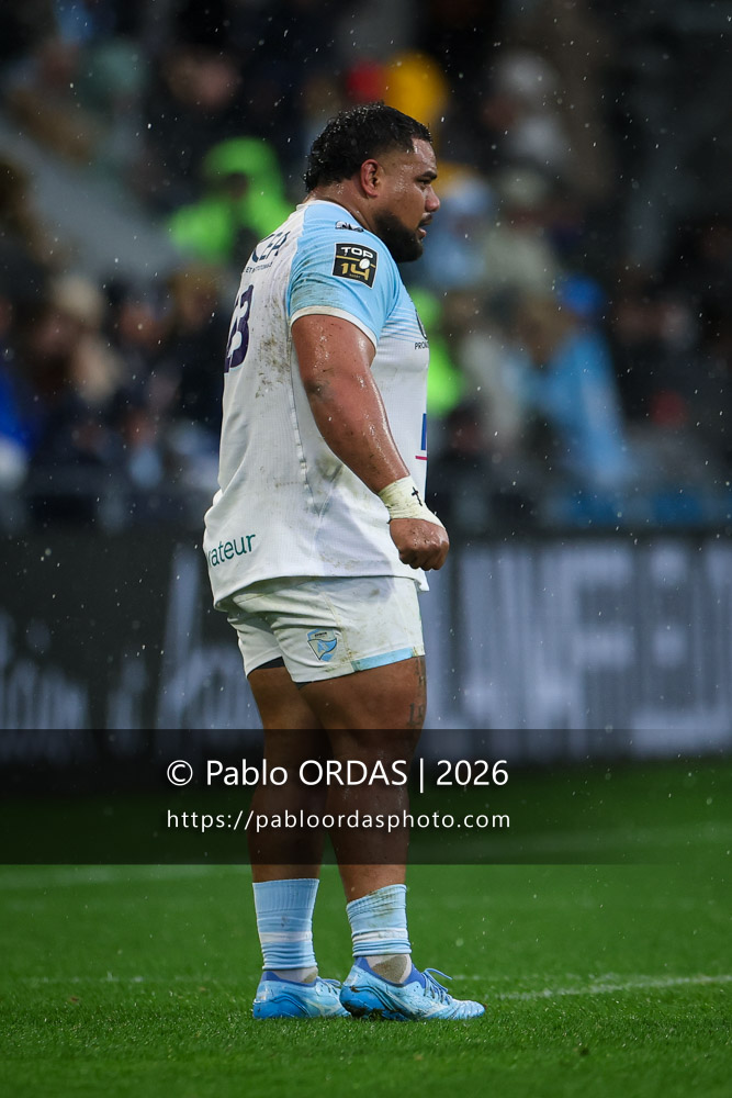 Tevita Tatafu, lors du match de Top 14 entre l'Aviron bayonnais et le Racing 92, le 14 février 2026 au stade Jean Dauger de Bayonne, France (Photo Pablo ORDAS)