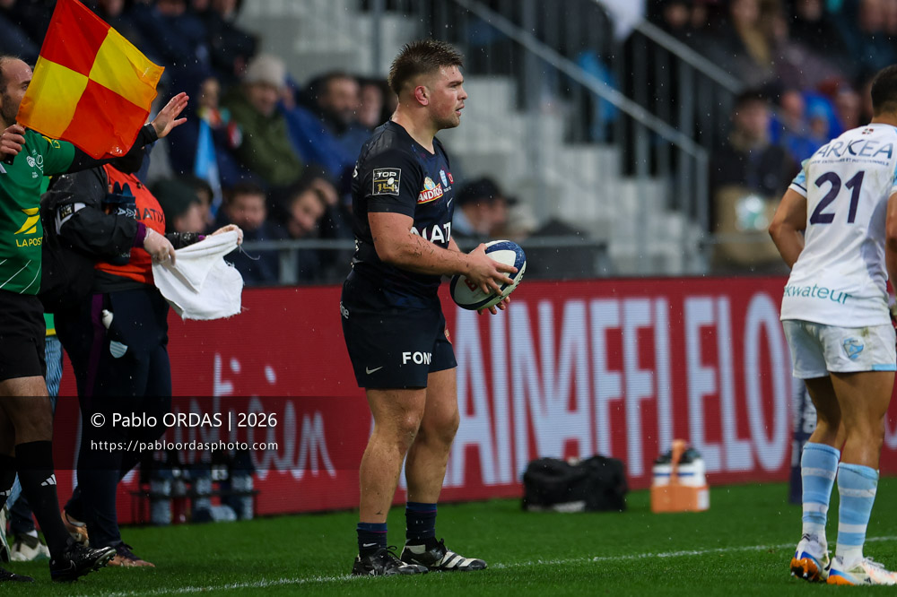 Diego Escobar, lors du match de Top 14 entre l'Aviron bayonnais et le Racing 92, le 14 février 2026 au stade Jean Dauger de Bayonne, France (Photo Pablo ORDAS)
