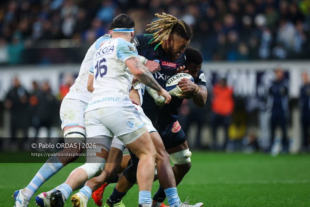 Nathan Hughes, lors du match de Top 14 entre l'Aviron bayonnais et le Racing 92, le 14 février 2026 au stade Jean Dauger de Bayonne, France (Photo Pablo ORDAS)