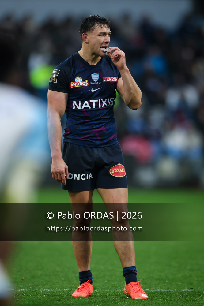 Joseph Manu, lors du match de Top 14 entre l'Aviron bayonnais et le Racing 92, le 14 février 2026 au stade Jean Dauger de Bayonne, France (Photo Pablo ORDAS)
