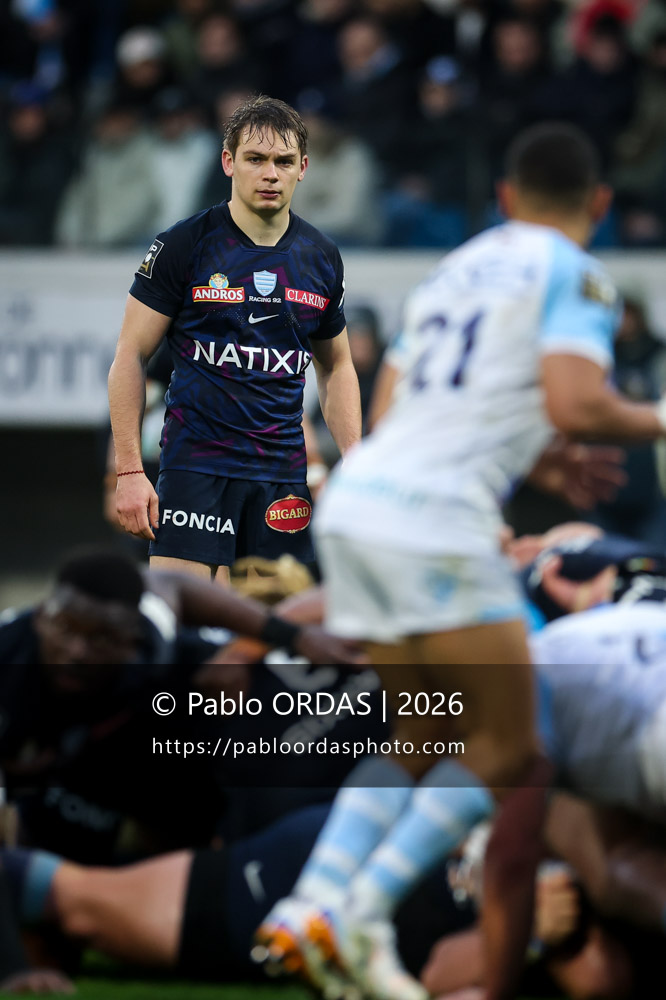 Ugo Seunes, lors du match de Top 14 entre l'Aviron bayonnais et le Racing 92, le 14 février 2026 au stade Jean Dauger de Bayonne, France (Photo Pablo ORDAS)