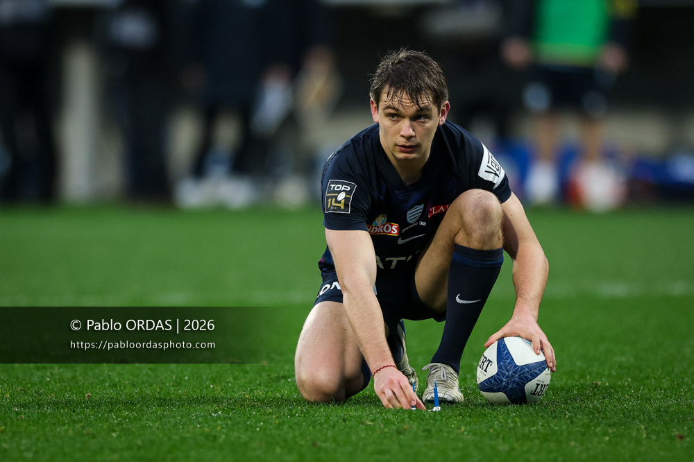 Ugo Seunes, lors du match de Top 14 entre l'Aviron bayonnais et le Racing 92, le 14 février 2026 au stade Jean Dauger de Bayonne, France (Photo Pablo ORDAS)