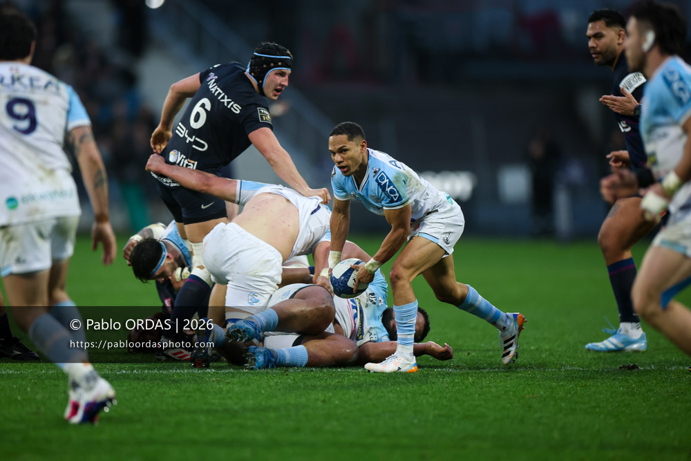 Herschel Jantjies, lors du match de Top 14 entre l'Aviron bayonnais et le Racing 92, le 14 février 2026 au stade Jean Dauger de Bayonne, France (Photo Pablo ORDAS)
