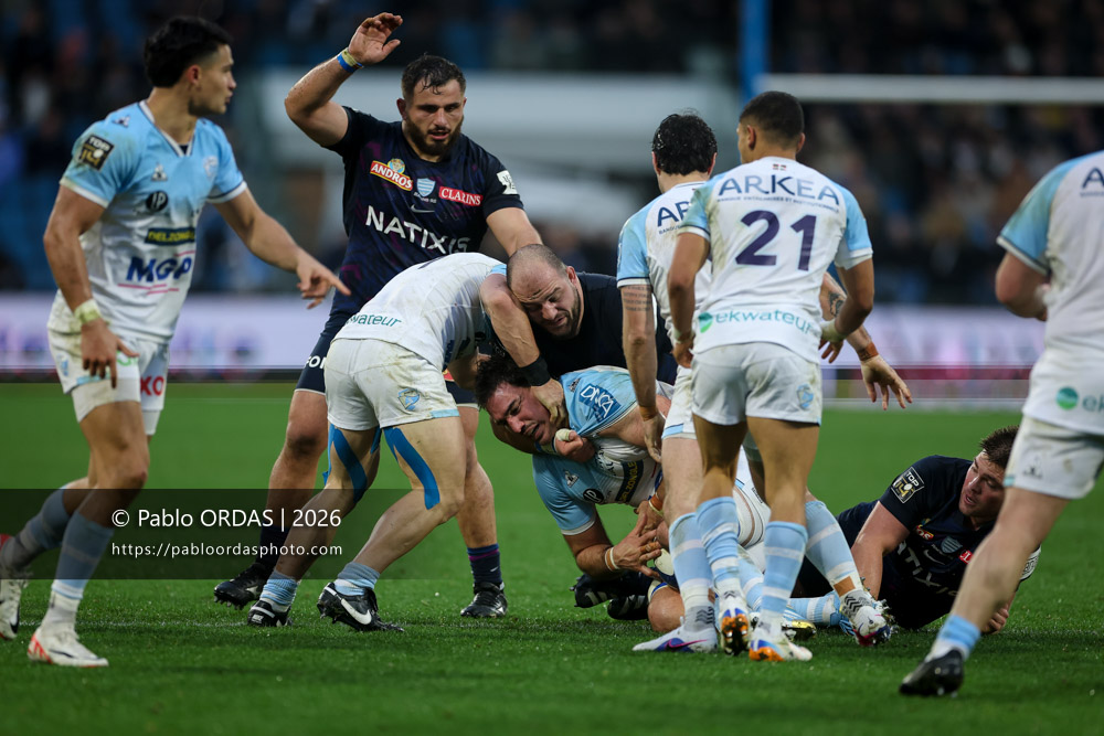 Lucas Paulos, lors du match de Top 14 entre l'Aviron bayonnais et le Racing 92, le 14 février 2026 au stade Jean Dauger de Bayonne, France (Photo Pablo ORDAS)