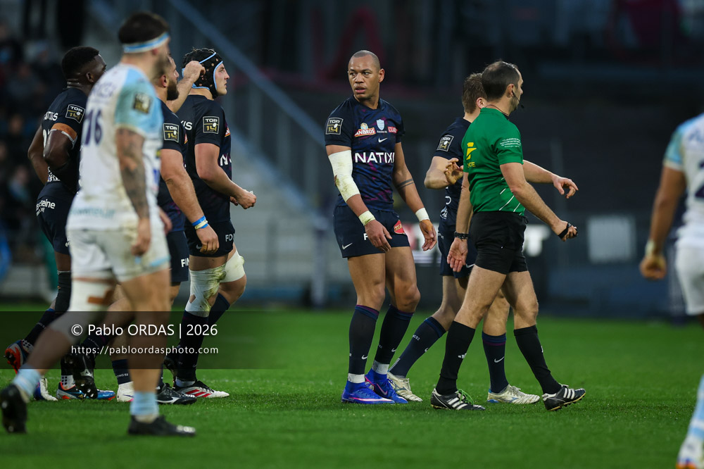 Gael Fickou, lors du match de Top 14 entre l'Aviron bayonnais et le Racing 92, le 14 février 2026 au stade Jean Dauger de Bayonne, France (Photo Pablo ORDAS)