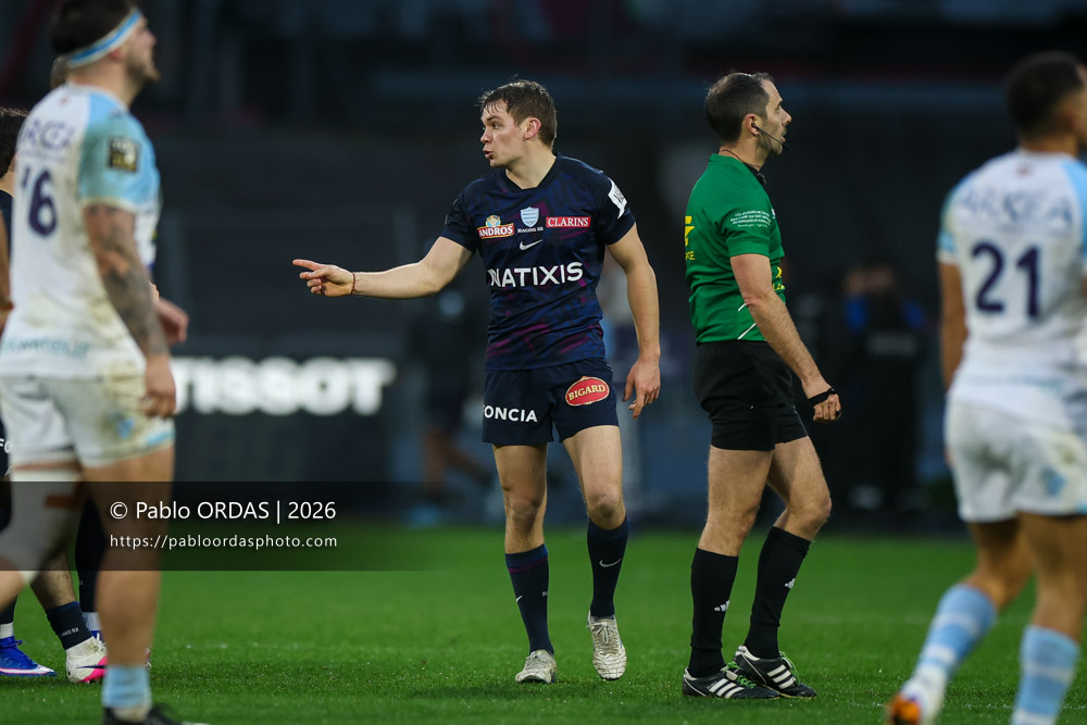 Ugo Seunes, lors du match de Top 14 entre l'Aviron bayonnais et le Racing 92, le 14 février 2026 au stade Jean Dauger de Bayonne, France (Photo Pablo ORDAS)