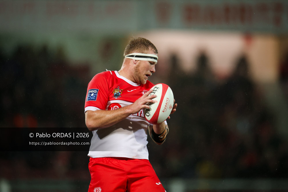 Heath Backhouse, lors du match de Pro D2 entre le Biarritz olympique et Provence Rugby, le 6 mars 2026 au stade Aguiléra de Biarritz, France (Photo Pablo ORDAS)