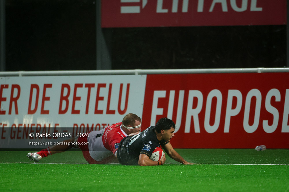Léo Drouet, lors du match de Pro D2 entre le Biarritz olympique et Provence Rugby, le 6 mars 2026 au stade Aguiléra de Biarritz, France (Photo Pablo ORDAS)