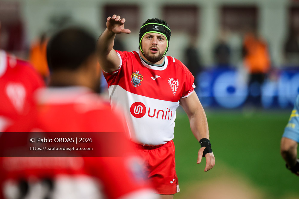Giorgi Nutsubidze, lors du match de Pro D2 entre le Biarritz olympique et Provence Rugby, le 6 mars 2026 au stade Aguiléra de Biarritz, France (Photo Pablo ORDAS)