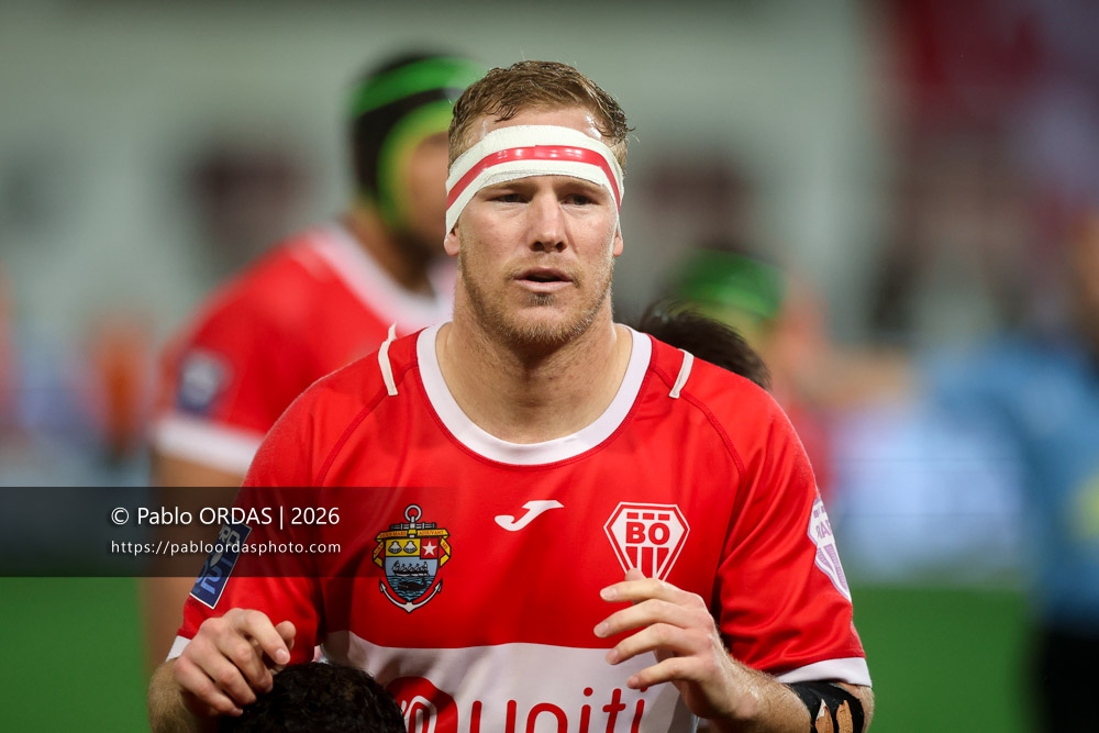Heath Backhouse, lors du match de Pro D2 entre le Biarritz olympique et Provence Rugby, le 6 mars 2026 au stade Aguiléra de Biarritz, France (Photo Pablo ORDAS)