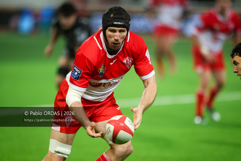 Alban Placines, lors du match de Pro D2 entre le Biarritz olympique et Provence Rugby, le 6 mars 2026 au stade Aguiléra de Biarritz, France (Photo Pablo ORDAS)