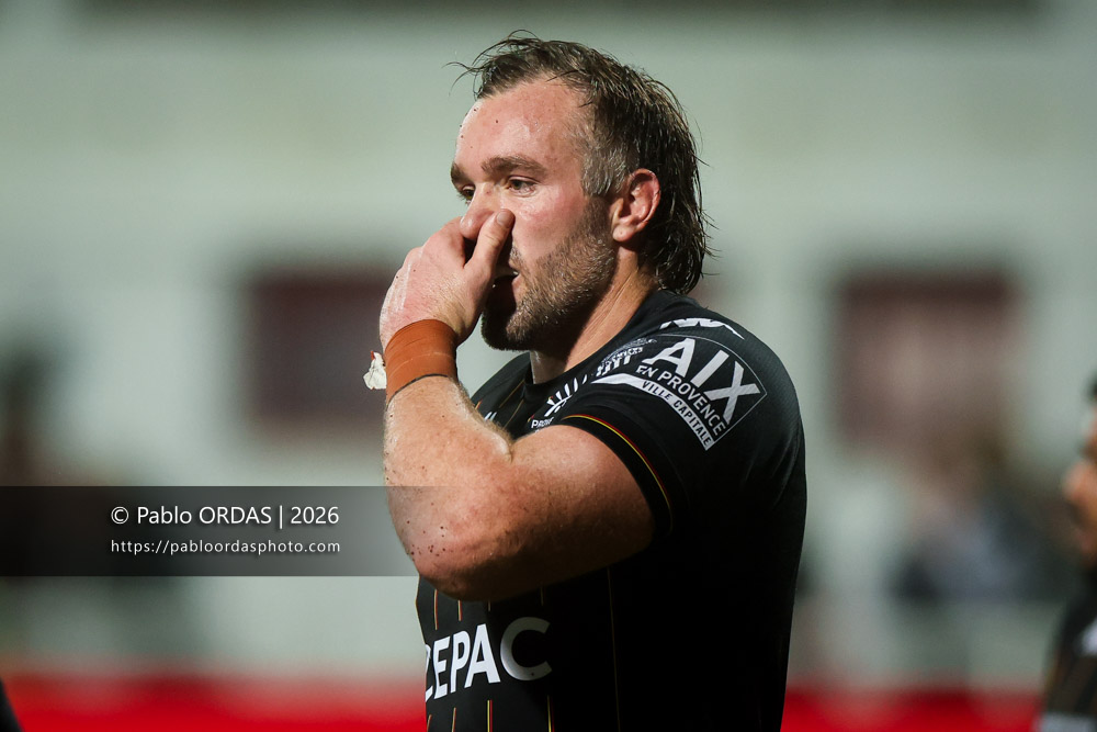 Izack Rodda, lors du match de Pro D2 entre le Biarritz olympique et Provence Rugby, le 6 mars 2026 au stade Aguiléra de Biarritz, France (Photo Pablo ORDAS)