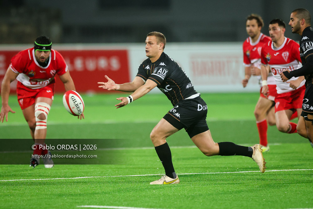 Jules Plisson, lors du match de Pro D2 entre le Biarritz olympique et Provence Rugby, le 6 mars 2026 au stade Aguiléra de Biarritz, France (Photo Pablo ORDAS)
