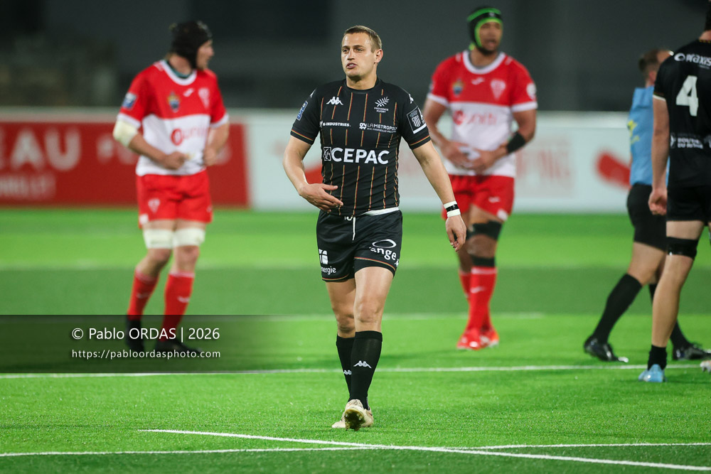 Jules Plisson, lors du match de Pro D2 entre le Biarritz olympique et Provence Rugby, le 6 mars 2026 au stade Aguiléra de Biarritz, France (Photo Pablo ORDAS)