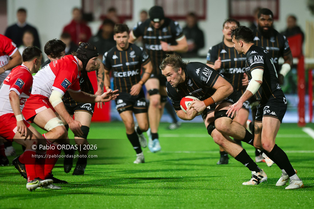 Izack Rodda, lors du match de Pro D2 entre le Biarritz olympique et Provence Rugby, le 6 mars 2026 au stade Aguiléra de Biarritz, France (Photo Pablo ORDAS)