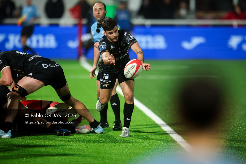 Arthur Coville, lors du match de Pro D2 entre le Biarritz olympique et Provence Rugby, le 6 mars 2026 au stade Aguiléra de Biarritz, France (Photo Pablo ORDAS)