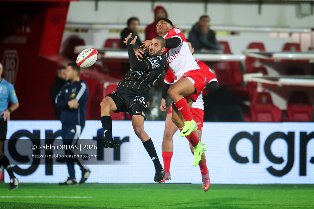 Nadir Bouhedjeur, lors du match de Pro D2 entre le Biarritz olympique et Provence Rugby, le 6 mars 2026 au stade Aguiléra de Biarritz, France (Photo Pablo ORDAS)