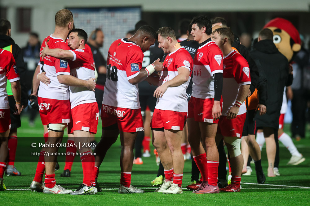 Johnny Dyer, Clément Martinez, lors du match de Pro D2 entre le Biarritz olympique et Provence Rugby, le 6 mars 2026 au stade Aguiléra de Biarritz, France (Photo Pablo ORDAS)