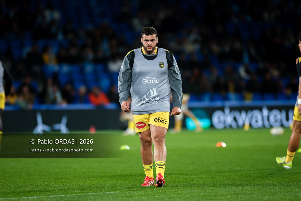 Aleksandre Kuntelia, lors du match de Top 14 entre l'Aviron bayonnais et le Stade rochelais, le 28 mars 2026 au stade Anoeta de Saint-Sébastien, Espagne (Photo Pablo ORDAS)