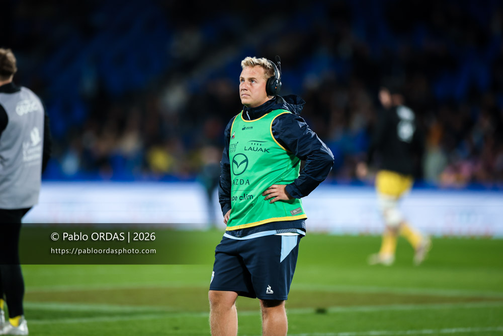Arnaud Baratchart, lors du match de Top 14 entre l'Aviron bayonnais et le Stade rochelais, le 28 mars 2026 au stade Anoeta de Saint-Sébastien, Espagne (Photo Pablo ORDAS)