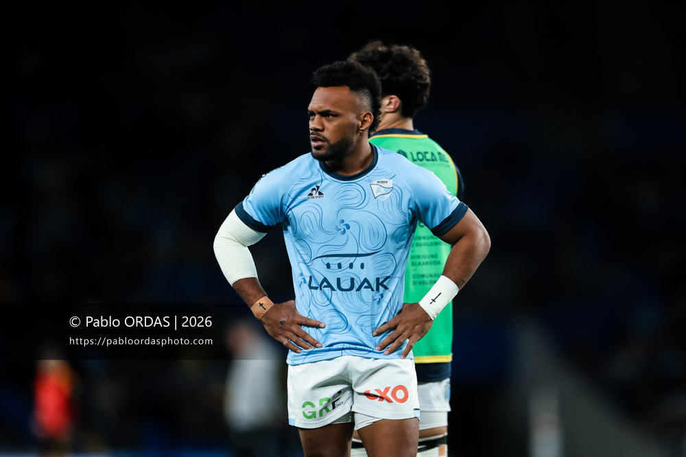 Sireli Maqala, lors du match de Top 14 entre l'Aviron bayonnais et le Stade rochelais, le 28 mars 2026 au stade Anoeta de Saint-Sébastien, Espagne (Photo Pablo ORDAS)