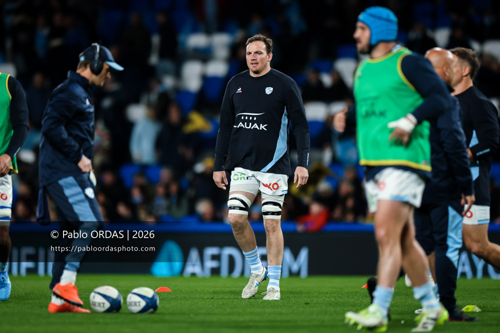 Arthur Iturria, lors du match de Top 14 entre l'Aviron bayonnais et le Stade rochelais, le 28 mars 2026 au stade Anoeta de Saint-Sébastien, Espagne (Photo Pablo ORDAS)