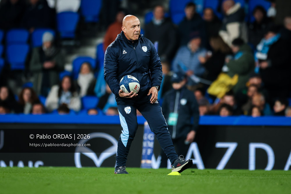 Laurent Travers, lors du match de Top 14 entre l'Aviron bayonnais et le Stade rochelais, le 28 mars 2026 au stade Anoeta de Saint-Sébastien, Espagne (Photo Pablo ORDAS)