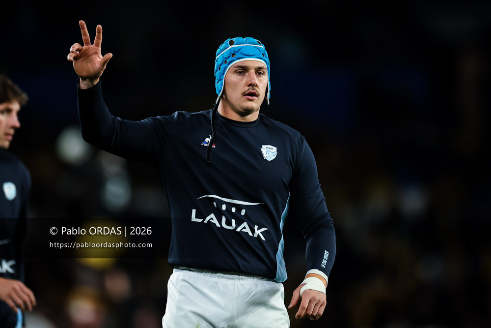 Esteban Capilla, lors du match de Top 14 entre l'Aviron bayonnais et le Stade rochelais, le 28 mars 2026 au stade Anoeta de Saint-Sébastien, Espagne (Photo Pablo ORDAS)