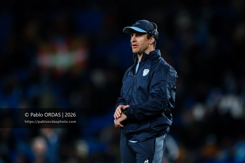 Nick Abendanon, lors du match de Top 14 entre l'Aviron bayonnais et le Stade rochelais, le 28 mars 2026 au stade Anoeta de Saint-Sébastien, Espagne (Photo Pablo ORDAS)