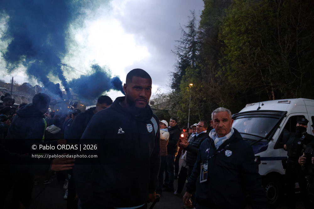 Cheikh Tiberghien, lors du match de Top 14 entre l'Aviron bayonnais et le Stade rochelais, le 28 mars 2026 au stade Anoeta de Saint-Sébastien, Espagne (Photo Pablo ORDAS)
