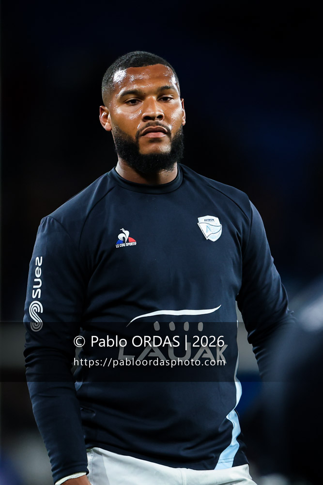 Cheikh Tiberghien, lors du match de Top 14 entre l'Aviron bayonnais et le Stade rochelais, le 28 mars 2026 au stade Anoeta de Saint-Sébastien, Espagne (Photo Pablo ORDAS)