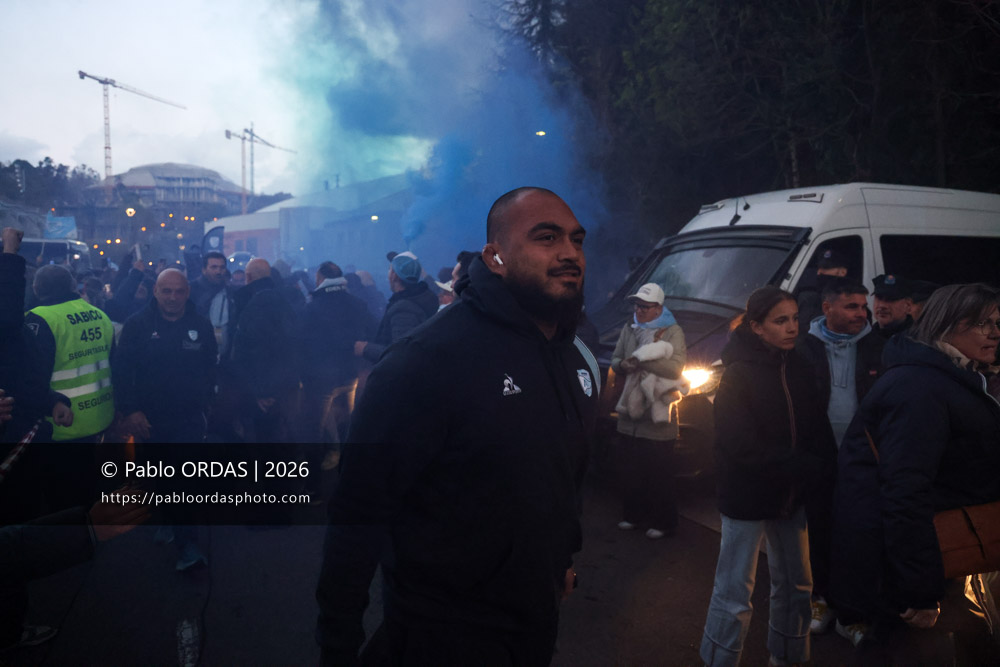 Emerick Setiano, lors du match de Top 14 entre l'Aviron bayonnais et le Stade rochelais, le 28 mars 2026 au stade Anoeta de Saint-Sébastien, Espagne (Photo Pablo ORDAS)