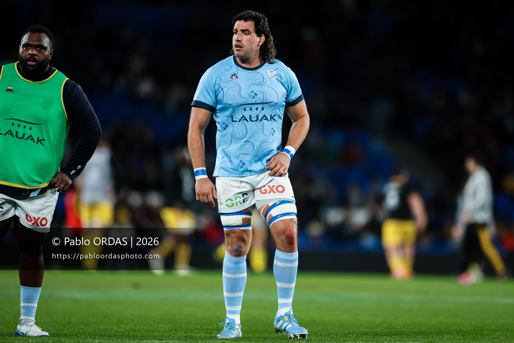 Lucas Paulos, lors du match de Top 14 entre l'Aviron bayonnais et le Stade rochelais, le 28 mars 2026 au stade Anoeta de Saint-Sébastien, Espagne (Photo Pablo ORDAS)