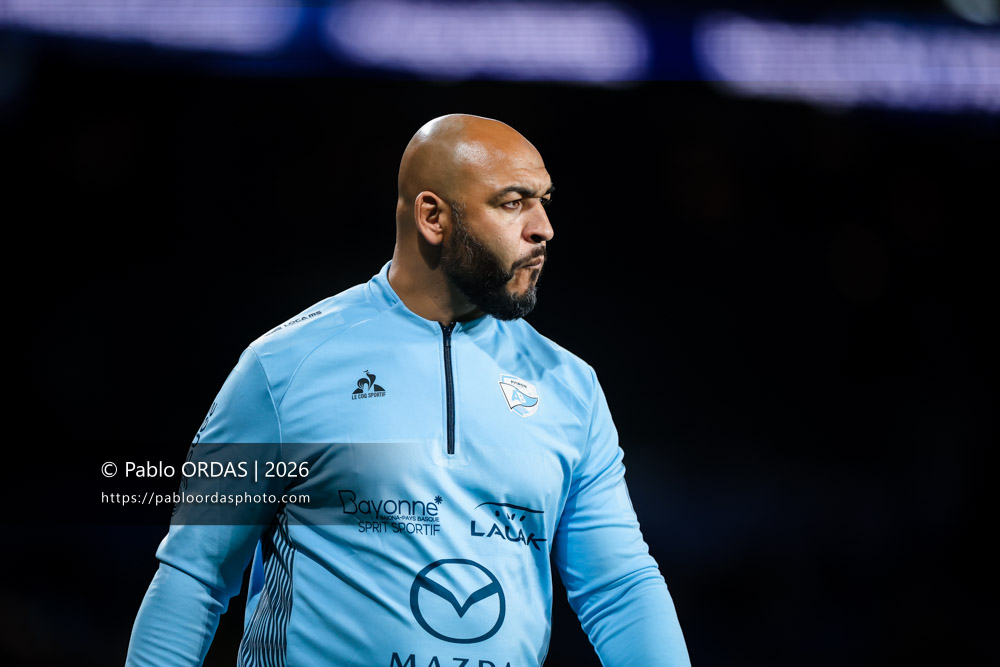 Abdellatif Boutaty, lors du match de Top 14 entre l'Aviron bayonnais et le Stade rochelais, le 28 mars 2026 au stade Anoeta de Saint-Sébastien, Espagne (Photo Pablo ORDAS)