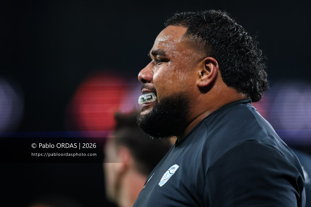 Tevita Tatafu, lors du match de Top 14 entre l'Aviron bayonnais et le Stade rochelais, le 28 mars 2026 au stade Anoeta de Saint-Sébastien, Espagne (Photo Pablo ORDAS)