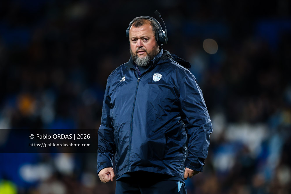 Stéphane Barberena, lors du match de Top 14 entre l'Aviron bayonnais et le Stade rochelais, le 28 mars 2026 au stade Anoeta de Saint-Sébastien, Espagne (Photo Pablo ORDAS)