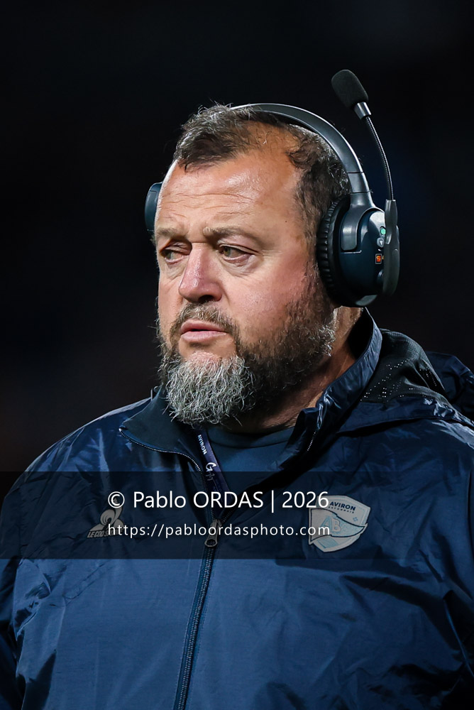 Stéphane Barberena, lors du match de Top 14 entre l'Aviron bayonnais et le Stade rochelais, le 28 mars 2026 au stade Anoeta de Saint-Sébastien, Espagne (Photo Pablo ORDAS)
