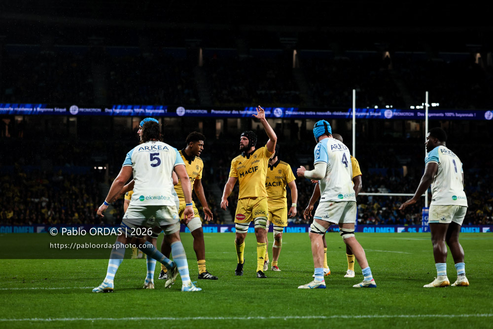 Thomas Lavault, lors du match de Top 14 entre l'Aviron bayonnais et le Stade rochelais, le 28 mars 2026 au stade Anoeta de Saint-Sébastien, Espagne (Photo Pablo ORDAS)