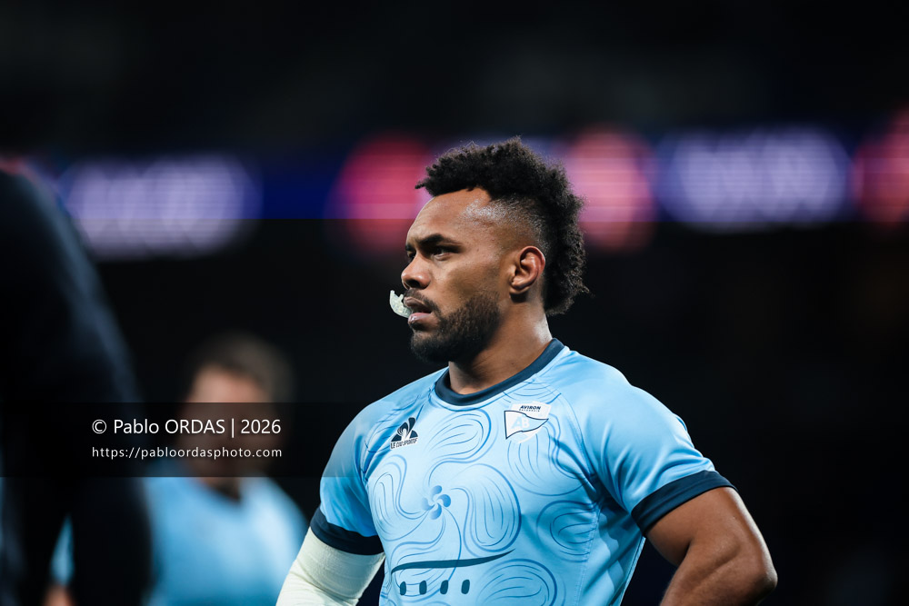 Sireli Maqala, lors du match de Top 14 entre l'Aviron bayonnais et le Stade rochelais, le 28 mars 2026 au stade Anoeta de Saint-Sébastien, Espagne (Photo Pablo ORDAS)