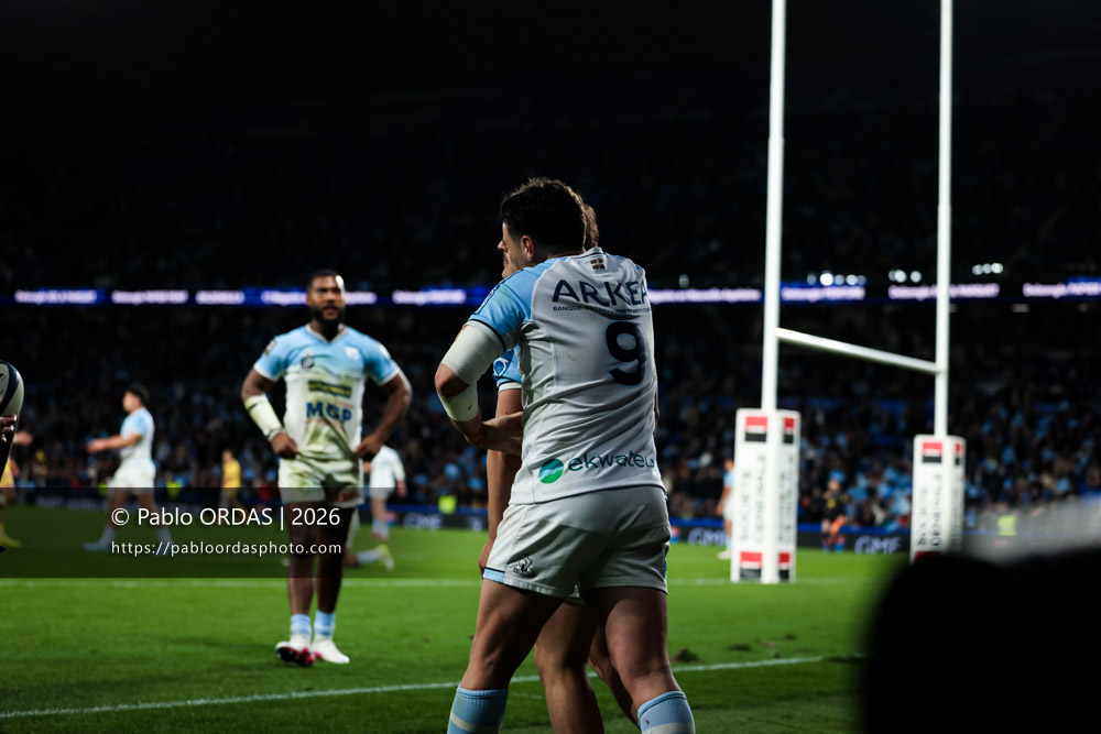 Baptiste Germain, lors du match de Top 14 entre l'Aviron bayonnais et le Stade rochelais, le 28 mars 2026 au stade Anoeta de Saint-Sébastien, Espagne (Photo Pablo ORDAS)