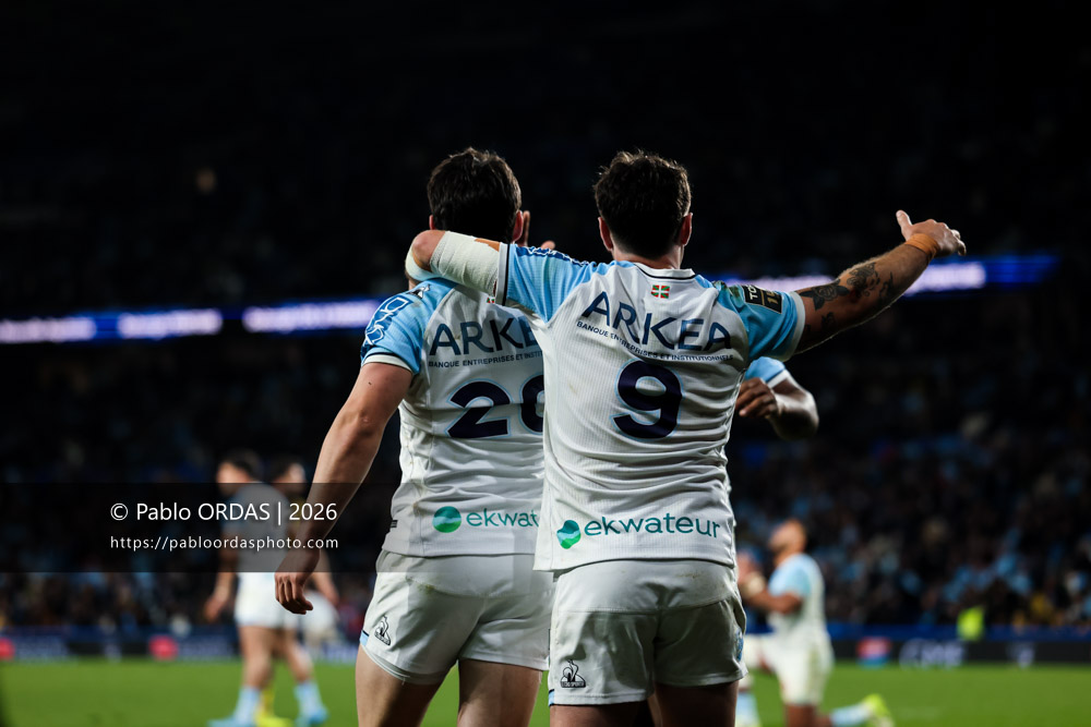 Baptiste Germain, lors du match de Top 14 entre l'Aviron bayonnais et le Stade rochelais, le 28 mars 2026 au stade Anoeta de Saint-Sébastien, Espagne (Photo Pablo ORDAS)