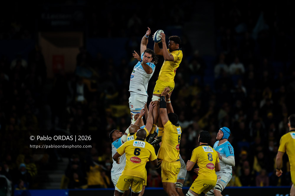 Charles Kanté-Samba, lors du match de Top 14 entre l'Aviron bayonnais et le Stade rochelais, le 28 mars 2026 au stade Anoeta de Saint-Sébastien, Espagne (Photo Pablo ORDAS)