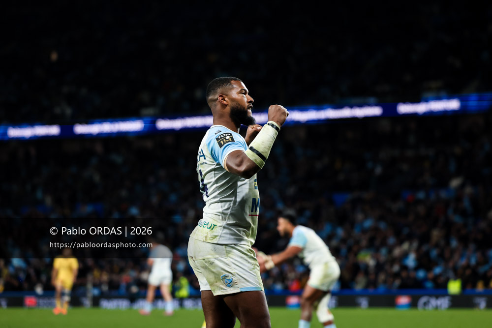 Cheikh Tiberghien, lors du match de Top 14 entre l'Aviron bayonnais et le Stade rochelais, le 28 mars 2026 au stade Anoeta de Saint-Sébastien, Espagne (Photo Pablo ORDAS)