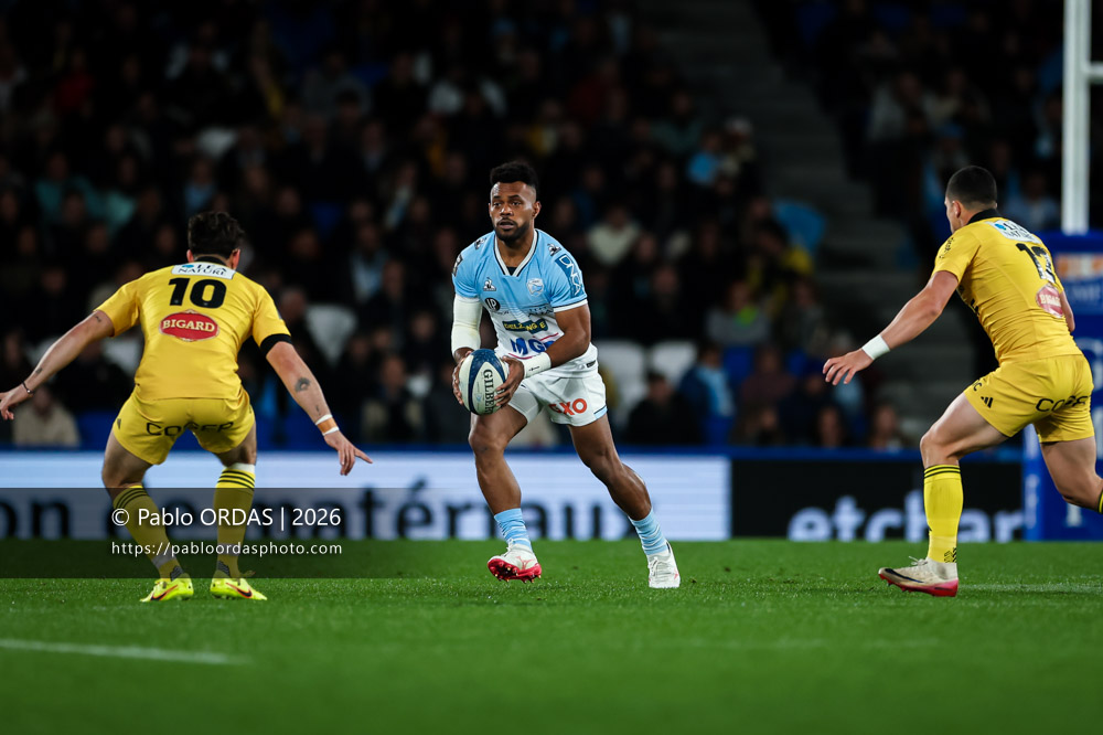 Sireli Maqala, lors du match de Top 14 entre l'Aviron bayonnais et le Stade rochelais, le 28 mars 2026 au stade Anoeta de Saint-Sébastien, Espagne (Photo Pablo ORDAS)