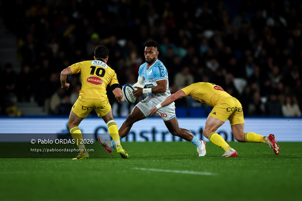 Sireli Maqala, lors du match de Top 14 entre l'Aviron bayonnais et le Stade rochelais, le 28 mars 2026 au stade Anoeta de Saint-Sébastien, Espagne (Photo Pablo ORDAS)