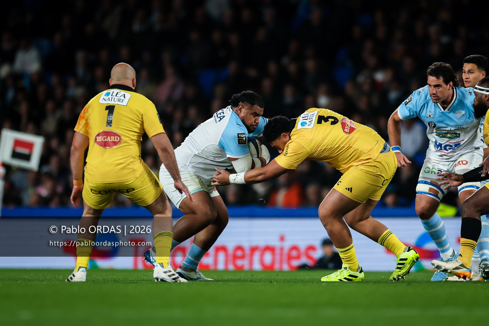 Tevita Tatafu, lors du match de Top 14 entre l'Aviron bayonnais et le Stade rochelais, le 28 mars 2026 au stade Anoeta de Saint-Sébastien, Espagne (Photo Pablo ORDAS)